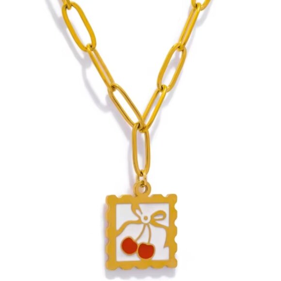 Women's' Gold Paperclip Necklace, Women's Jewelry, Cherry Charm Necklace, Gold - Picture 1 of 1